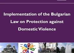 [ai] A presentation slide with a purple background displaying the title 'Implementation of the Bulgarian Law on Protection against Domestic Violence.' The slide includes a collage of images at the bottom, featuring a building, icons, and a group of people.